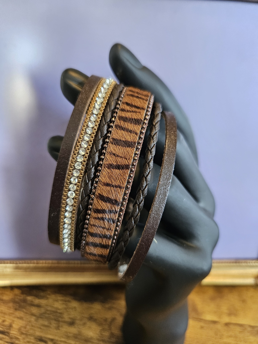 Women's Brown Multi-Strand Leather Bracelet with Rhinestones 7.5 Inch